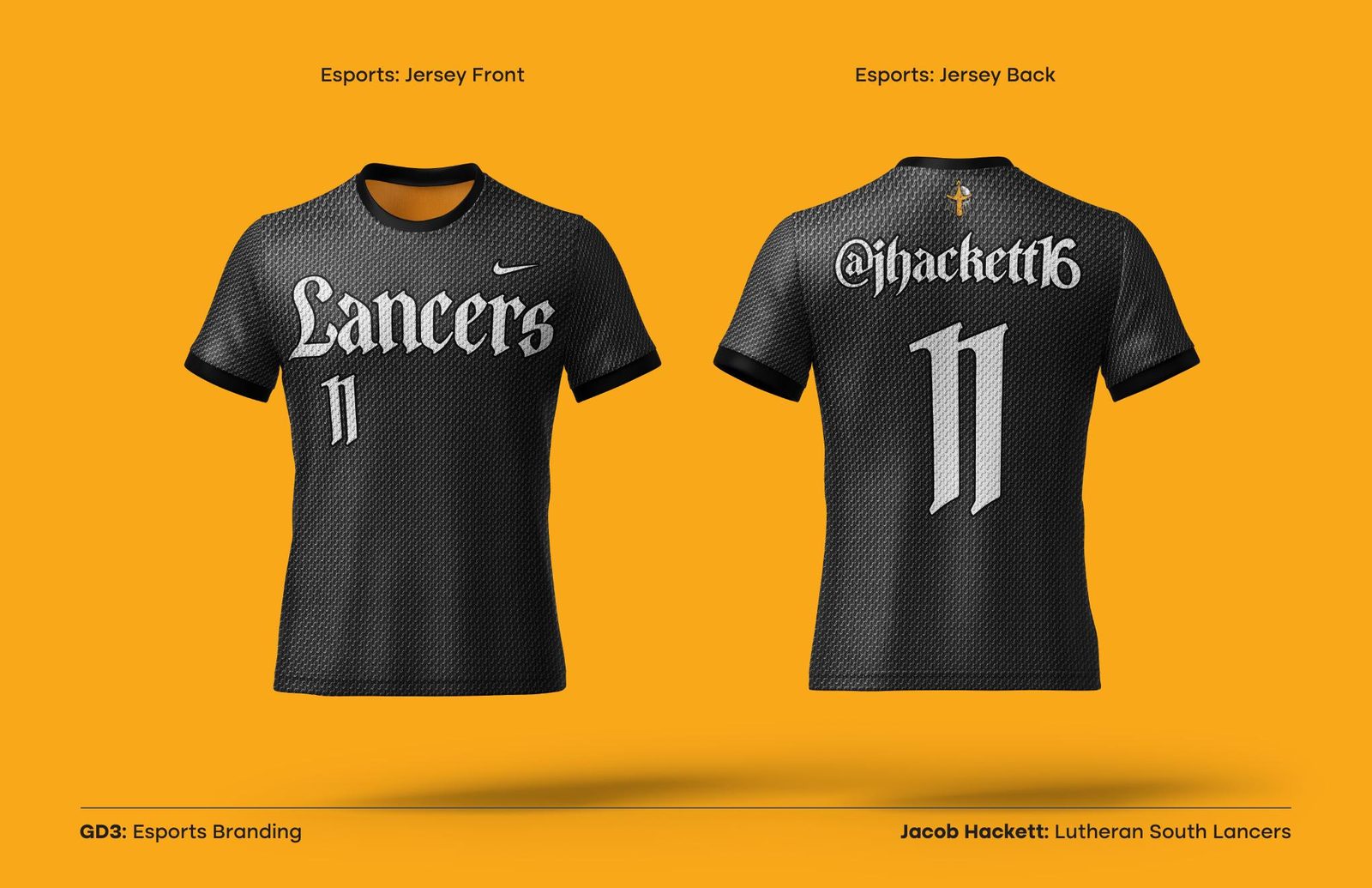 Esports branding presentation slide: Lancers Esports jersey front and back designs