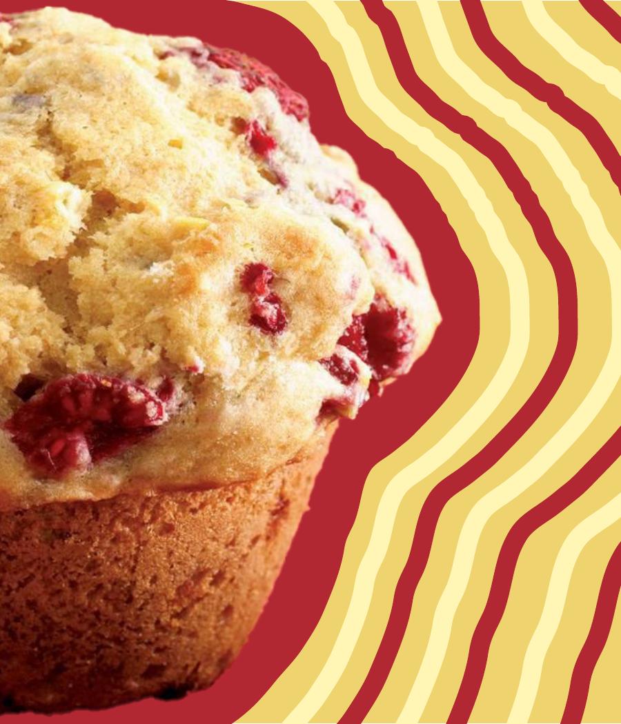 Lemon Kissed Raspberry Muffins recipe card, full-bleed photo of a raspberry muffin