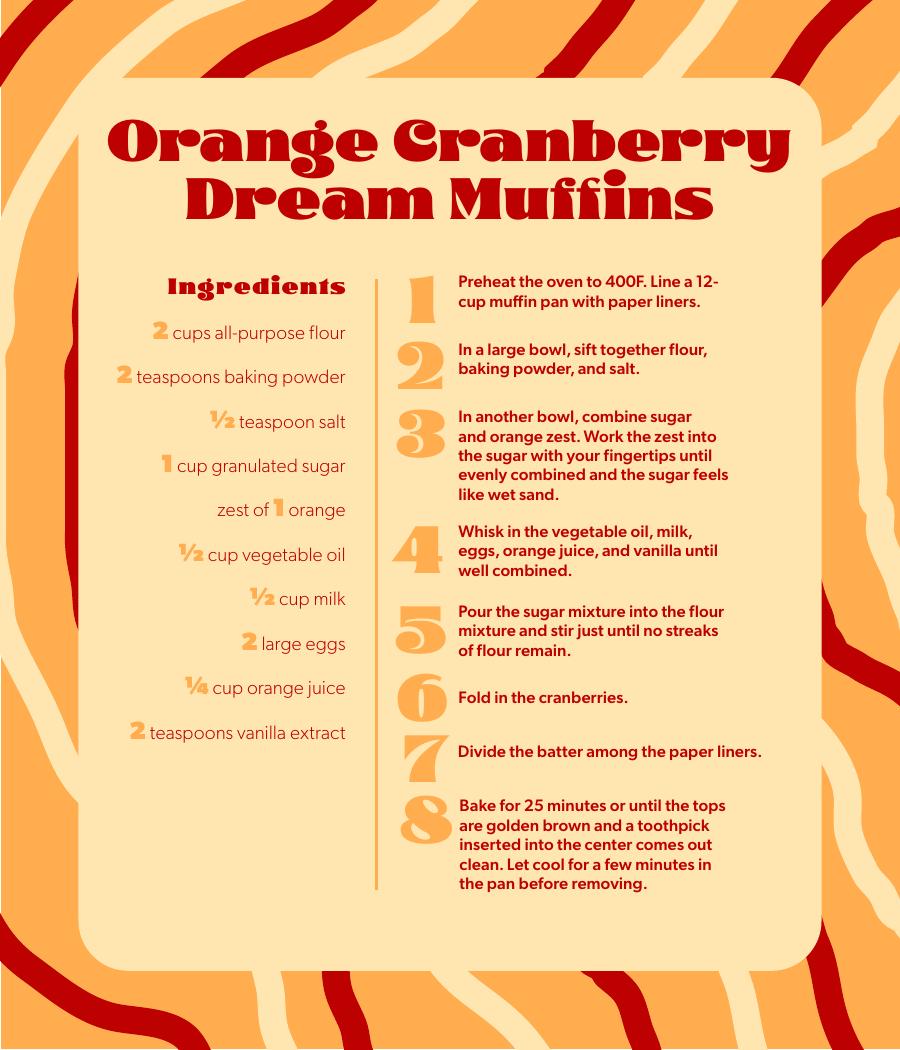 Orange Cranberry Dream Muffins recipe card, ingredients and step-by-step instructions