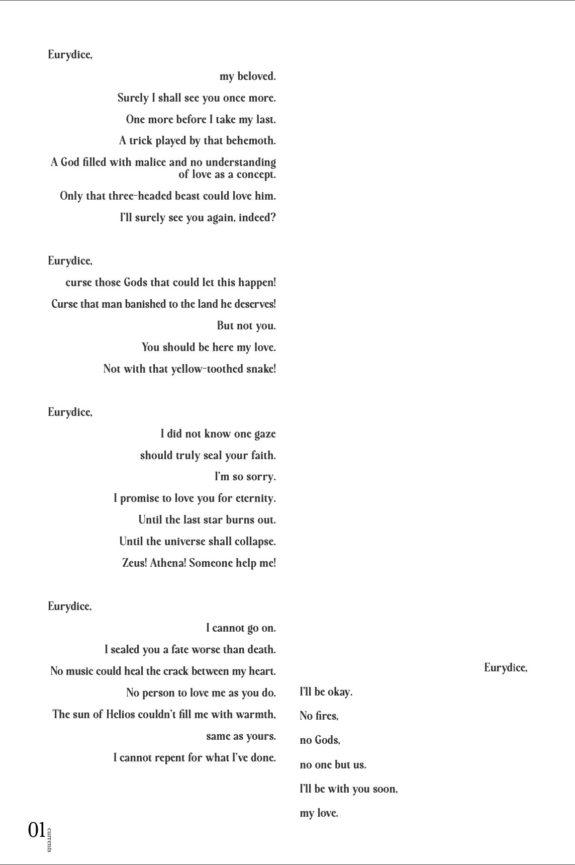 Eurydice poem spread, page 1 of the Currents section